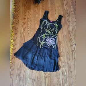 SAVE THE QUEEN | Large Black Sleeveless Dress with Green and Lilac Floral Design